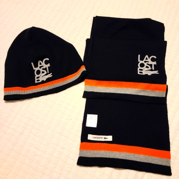 Men's Lacoste Scarf and Hat Set. 100% Wool. NWOT.Black orange gray